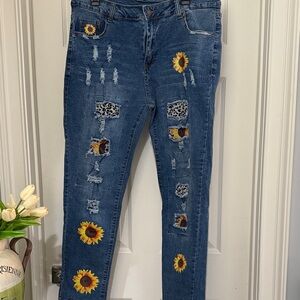 Sunflower Patch Distressed Blue Jeans